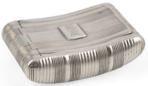 A George III silver concave snuff box, maker's mark rubbed, with ribbed and reeded decoration and
