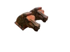 A pair of Victorian cast iron playground ride horse heads, width 17cm, depth approx. 56cm, height