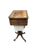 A Regency rosewood and brass inlaid pedestal work table, width 36cm, depth 50cm, height 74cm