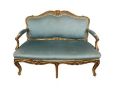 A Louis XVI style giltwood settee, width 135cm, depth 55cm, height 97cm