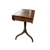 A George III Sheraton period drop flap tripod table, width 34cm, depth 47cm, height 72cm