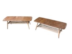Two Ercol elm and beech Windsor model 45A coffee tables, width 105cm, depth 44cm, height 37cm