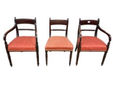 A set of six Regency mahogany dining chairs two with arms, width 53cm, depth 50cm, height 83cm