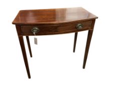 A late Georgian mahogany bowfront side table, width 80cm, depth 49cm, height 73cm