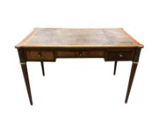 A French reproduction mahogany bureau plat, width 123cm, depth 73cm, height 76cm