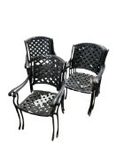 A set of ten aluminium stacking garden elbow chairs, width 60cm, depth 55cm, height 91cm, a circular