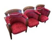 A run of three early 20th century Brighton Theatre folding seats numbered 34/36, width 166cm,