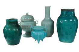 Chinese turquoise and celadon glazed ceramics, comprising two ovoid jars, a bottle vase, a lidded