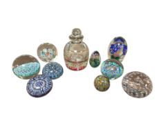 A group of mostly millefiori paperweights, and a similar inkwell, latter 14cm (10)