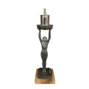 After Jacques Limousin, an Art Deco spleter figural club lighter on onyx plinth, height 32cm.