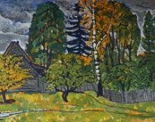 Russian School, landscape with trees to the foreground, signed in Cyrillic and dated ‘69, oil with