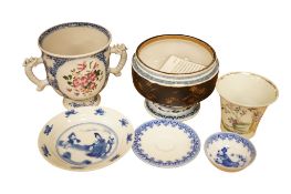 A Chinese famille rose two-handled cup, small saucer painted with figures in underglaze blue,