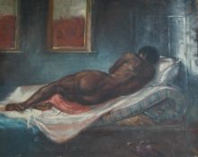 20th century, study of a reclining figure, possibly a slave, in an interior, indistinctly signed,