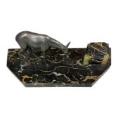 An Art Deco Spelter and marble fawn inkstand, width 37cm.