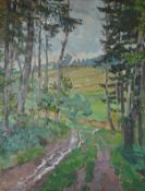 Russian School, landscape with a treelined pathway, signed in Cyrillic, oil on board, 44 x 34cm