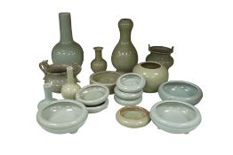 A collection of eighteen Chinese celadon wares to include vases, censers and dishes, largest 25cm