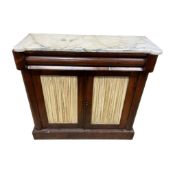 An early Victorian rosewood marble top side cabinet, width 88cm, depth 33cm, height 87cm