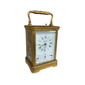 A L’Epee lacquered brass calendar and alarm repeating carriage clock, height 14cm