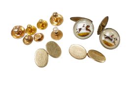 A pair of George V 12ct gold oval cufflinks, 7.6 grams, three 18ct dress studs, gross weight 3.1