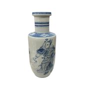 A large Chinese blue and white rouleau vase decorated with warriors, 46cm