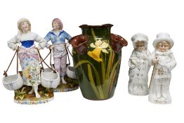 A late Victorian Torquay Ware pottery bulb vase, height 20cm, and two pairs of Continental porcelain