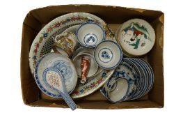 An assortment of Chinese porcelain mostly blue & white and famille rose to include a reticulated