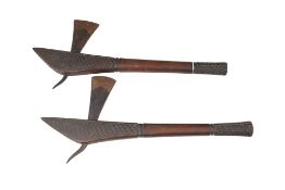 Two African iron and hardwood tribal axes, height 44cm