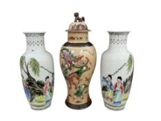 A Chinese crackle glaze vase and cover decorated with warriors on horseback, together with a pair of