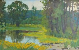 Russian School, lakeside view with trees, unsigned, oil on board, 23 x 36cm
