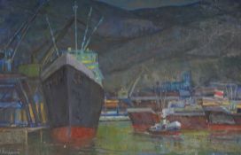 Pavel Bogdanov (Russian, 1912-1996), ‘Ship Loading’, signed, mid century oil on board, 42 x 67cm