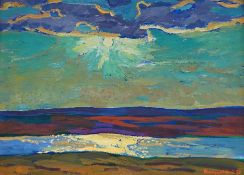 Russian School, seascape at sunset, signed in cyrillic and dated ‘70, oil with impasto on card, laid