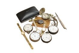 Four assorted late 19th/early 20th century silver open faced pocket watches, together with a