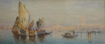 Italian school, Venetian scene with gondolas, indistinctly signed Anton P?, watercolour, 24 x 56cm