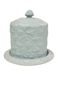 A mid 19th century glazed green stoneware cheese dome and cover, moulded with scrolling leaves, 31cm