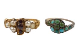 A Victorian yellow metal, garnet and pearl ring (deficient), size O, together with a yellow metal
