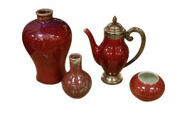 Four Chinese sang de boeuf items, baluster jar 17cm