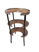 A 19th century French marquetry crescent shaped etagere, width 44cm, depth 34cm, height 76cm