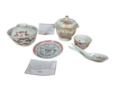 A Chinese two-handled bowl and cover, other Chinese ceramics and a Japanese chawan, Chinese bowl