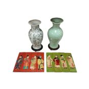 A Chinese celadon vase, height 36cm, a crackle glazed vase and a pair of Chinese octagonal