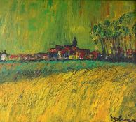 Russian School, fields before a town, indistinctly signed,oil with impasto on board, 42 x 47cm