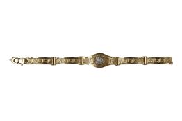 A two colour 9ct bracelet, with Greek Key decoration and central 'Medusa' motif, approx. 18.5cm, (