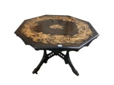 A late Victorian Mauchline fern ware ebonised table, the octagonal top on square chamfered legs,