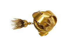 A Victorian yellow metal tassel drop scrolling buckle brooch, unmarked, overall approx. 68mm,