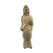 A Chinese pigment painted grey pottery figure, possibly Wei dynasty, lacking drum, 23cm