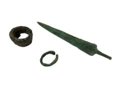 A Bronze-age spear and two bracelets, largest 23cm in length