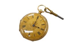A Victorian engraved 18ct gold open faced keywind dress pocket watch, with yellow Roman dial, case