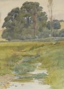 Edith M. Bywaters, landscape with stream, unsigned, watercolour, 35 x 24cm