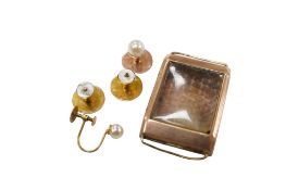 A 9ct gold wrist watch case, no strap or movement, together with a 9ct and cultured pearl ear clip