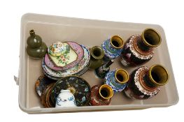 A collection of Chinese porcelain and cloisonné enamel including a pair of floral vases, saucers and