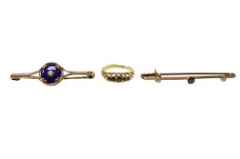 Two early 20th century yellow metal bar brooches, including one with blue enamel and seed pearl,